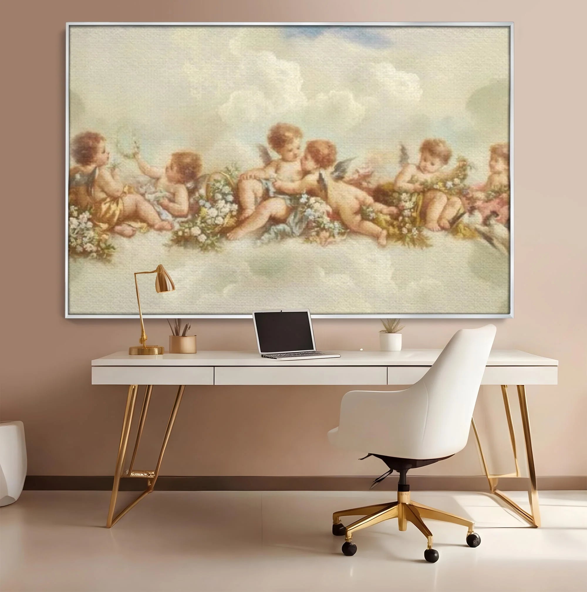 Tablou canvas cu pictura canvas cu ingerase pe nori, in rama de aluminiu argintiu, pe perete intr-un birou